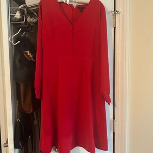 Ann Taylor Red Long Sleeve V-Neck Midi Dress with Buttons